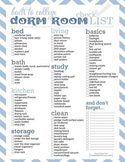 Dorm Room Essentials List Printable