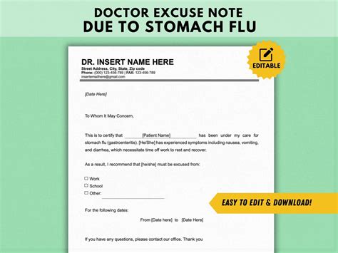 Downloadable And Printable Doctors Note For Work For Stomach Flu