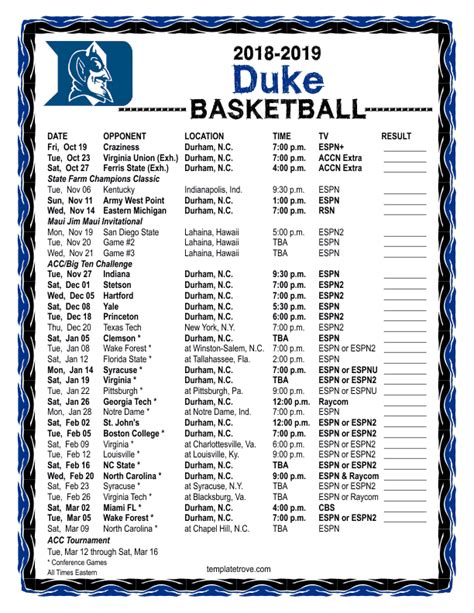 Duke Basketball Schedule Printable
