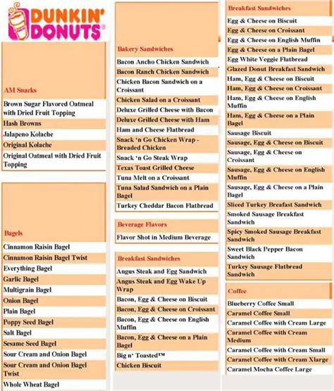 Dunkin Donuts Printable Menu