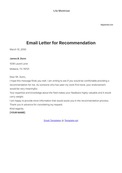 Email Letter Of Recommendation Template
