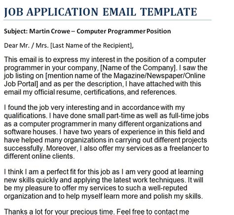Email To Apply For A Job Template