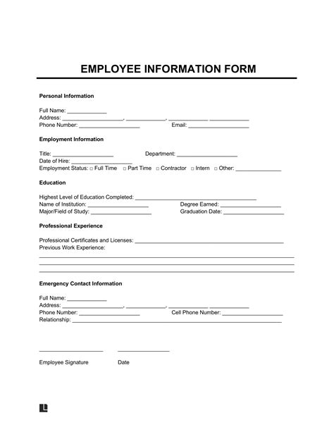 Employee Information Sheet For New Hires Printable