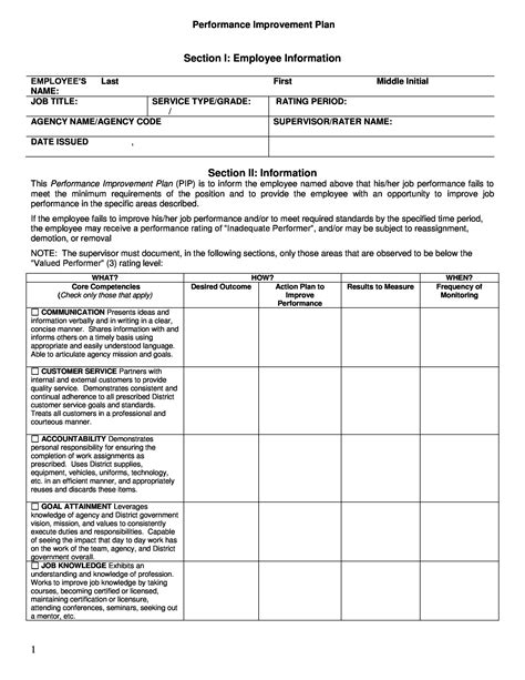 Employee Work Improvement Plan Template