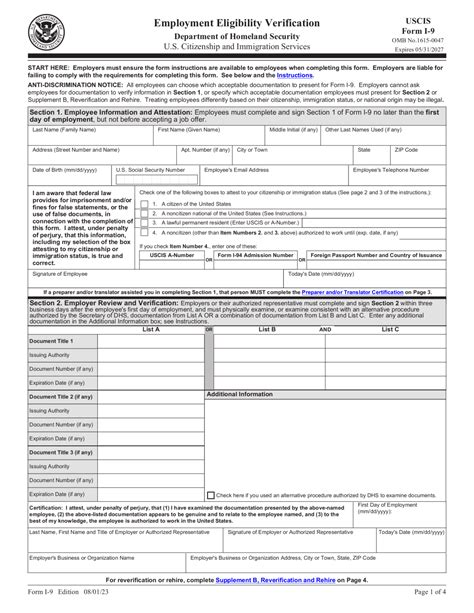Employment Eligibility Verification Form I 9 Printable