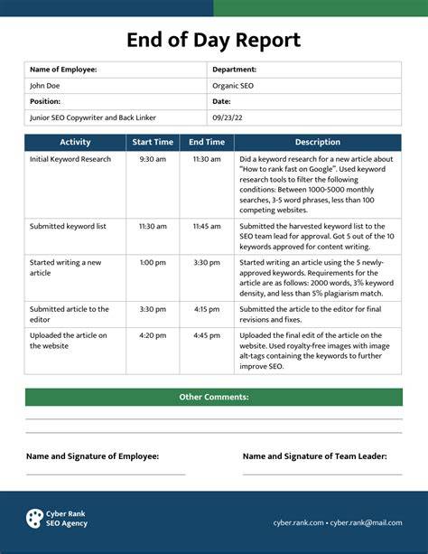 End Of The Day Report Template