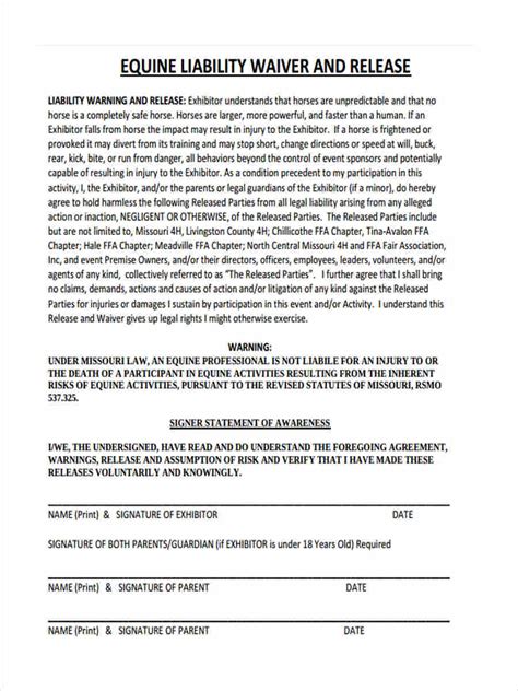 Equine Liability Waiver Template
