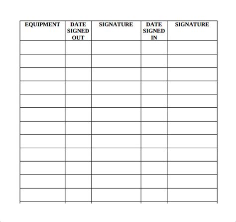 Equipment Sign Out Sheet Template