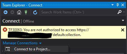 Error TF30063 You are not authorized to access  DefaultCollection