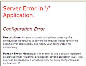 Error to use a section registered as allowDefinitionMachineToApplication beyond application level