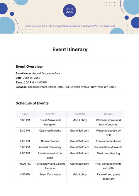 Event Itinerary Template