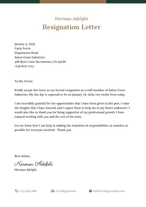 Example Of Resignation Letter Template