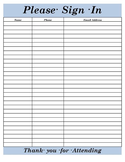 Example Sign In Sheet Template