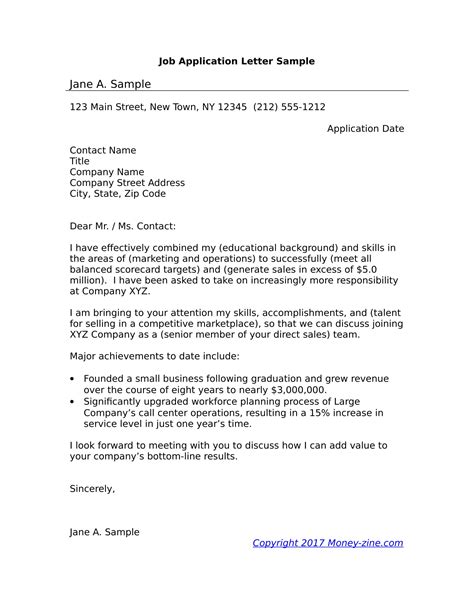 Example of a job application letter