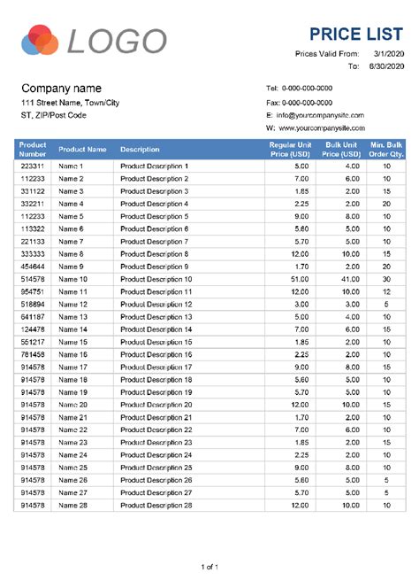 Excel Price List Template