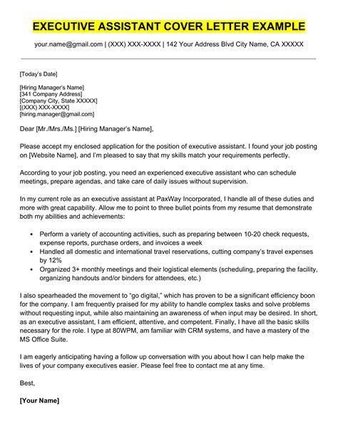 Executive Assistant Cover Letter Template