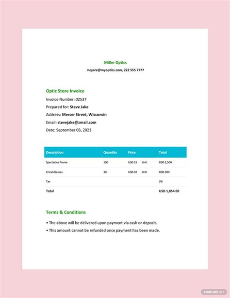 Eyeglass Receipt Template
