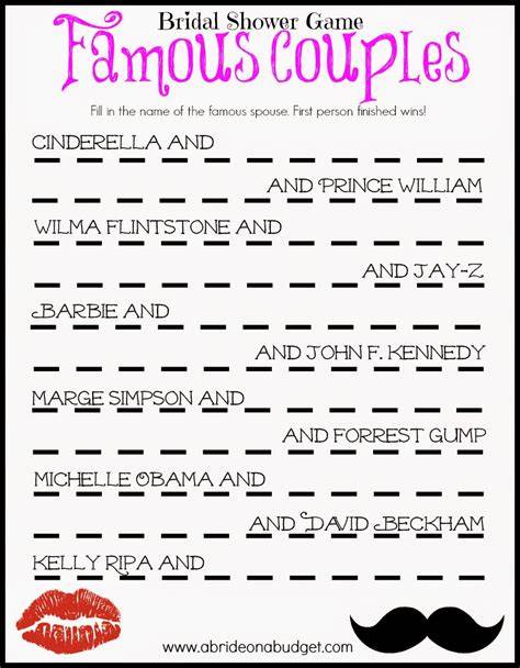 Famous Couples Bridal Shower Game Printable