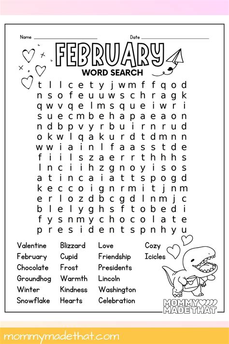 February Word Search Free Printable