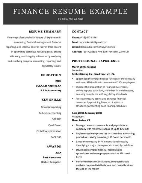 Finance Resume Template Free