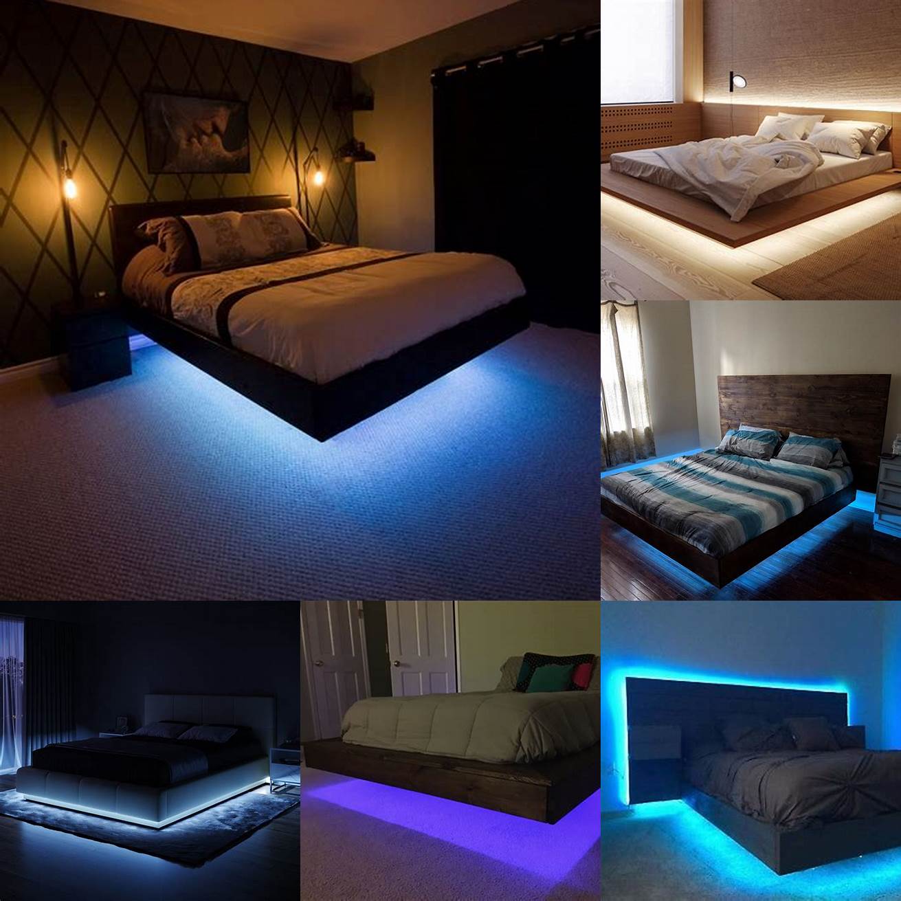 Floating platform bed with LED lighting