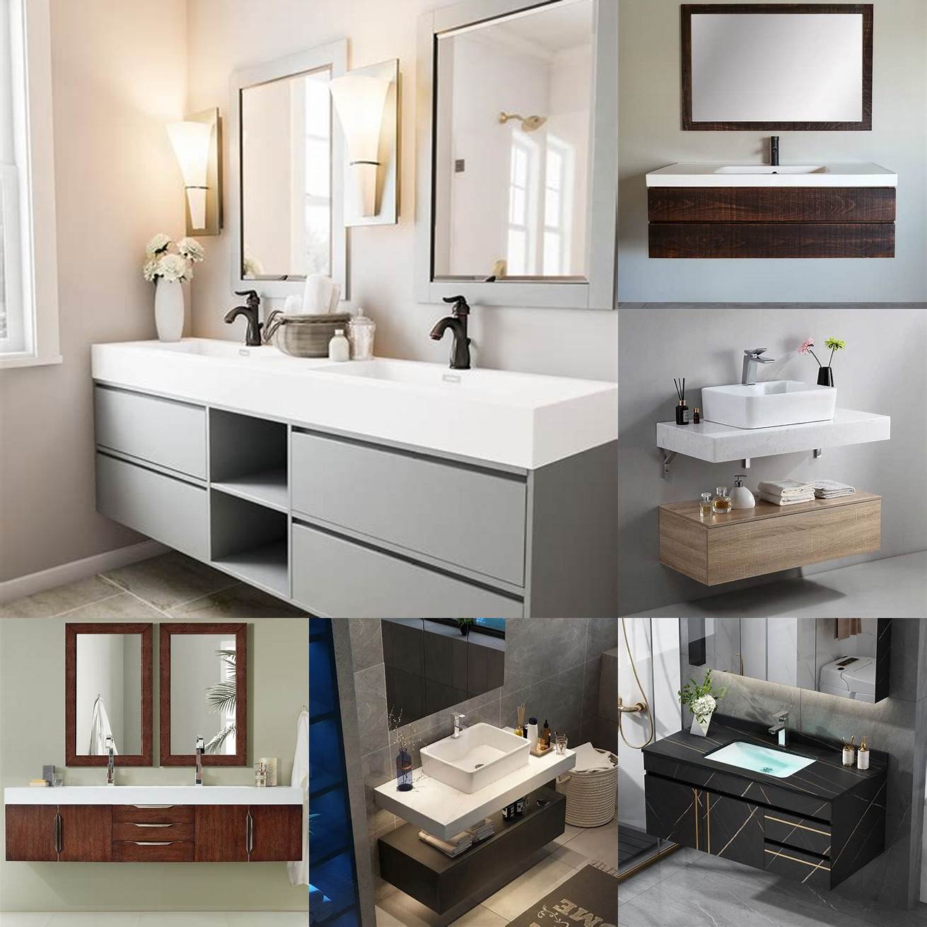 Floating vanities Floating vanities are mounted to the wall and can give your bathroom a modern streamlined look