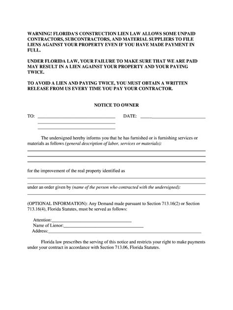 Florida Notice To Owner Template