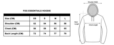 Fog Essentials Hoodie Size Chart