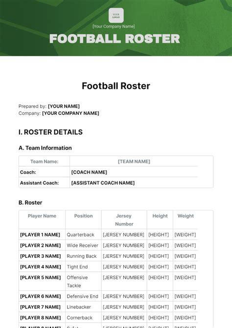 Football Roster Template Free