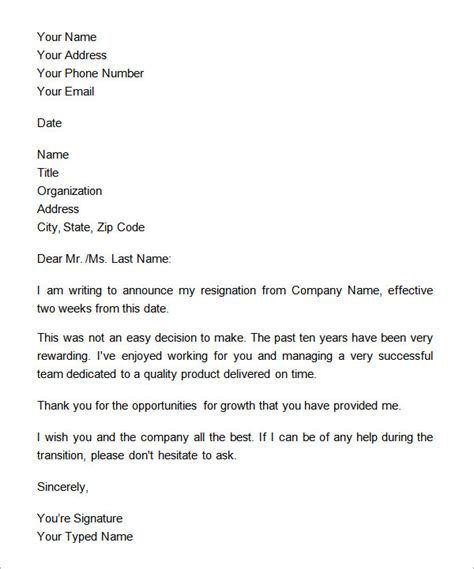 Formal Two Weeks Notice Template