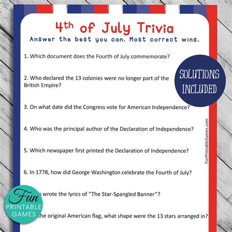 Fourth Of July Trivia Printable With Answers