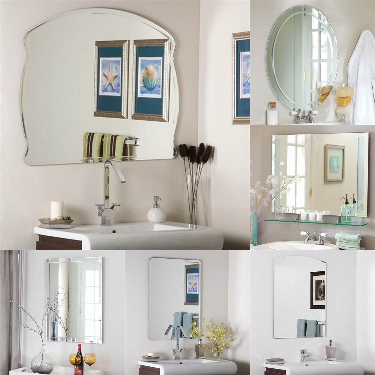 Frameless bathroom mirror with decorative wall sconces