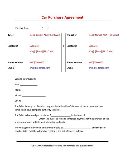 Free Auto Purchase Agreement Template