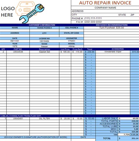 Free Auto Repair Invoice Template Excel