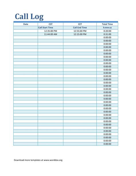 Free Call Log Templates