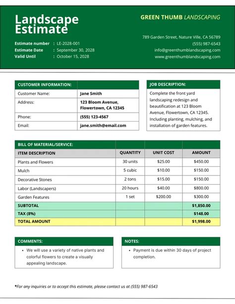 Free Estimate Templates For Landscaping