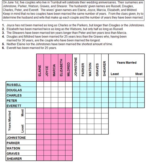 Free Logic Grid Puzzles Printable
