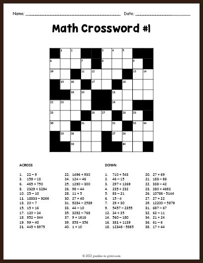 Free Math Crossword Puzzles Printable