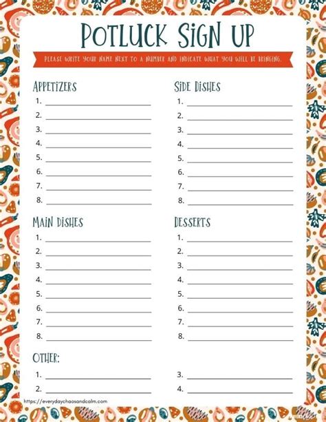Free Potluck Sign Up Sheet Template