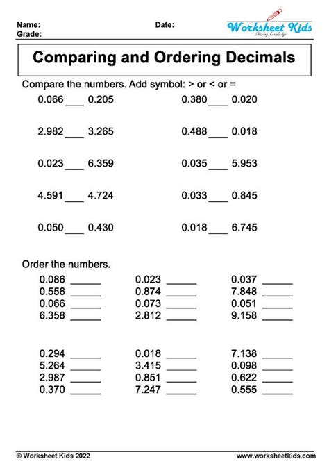 Free Printable 4th Grade Compare And Ordering Decimals Worksheet