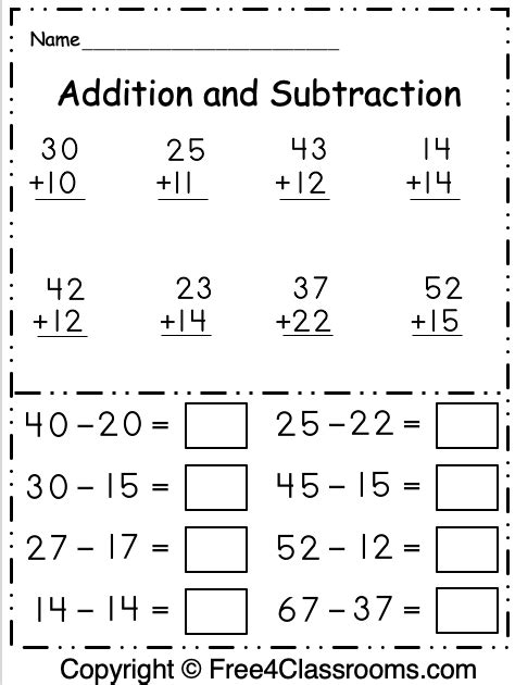 Free Printable Addition And Subtraction Math Exercises For 1st Grade