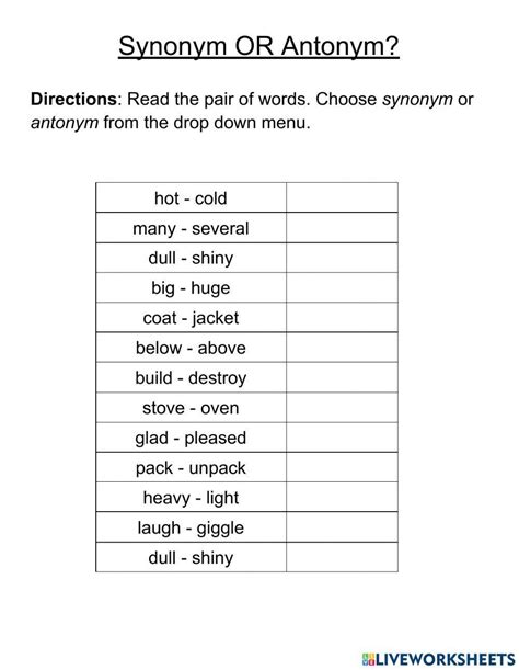 Free Printable Antonym Synonym Worksheets For 4th Grade