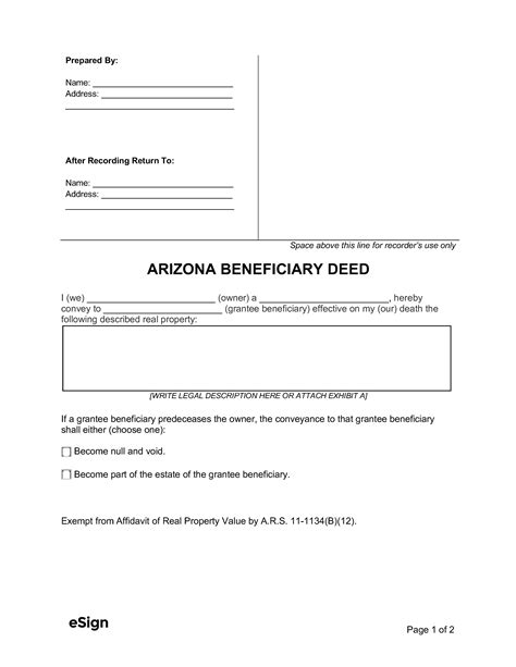 Free Printable Beneficiary Deed Form Arizona