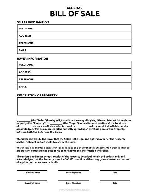 Free Printable Bill Of Sales