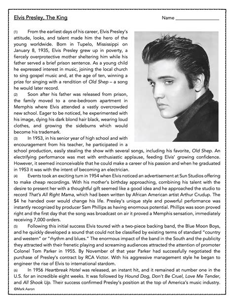 Free Printable Elvis Presley Worksheets