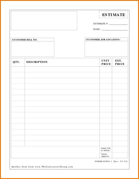 Free Printable Estimate Forms Contractors