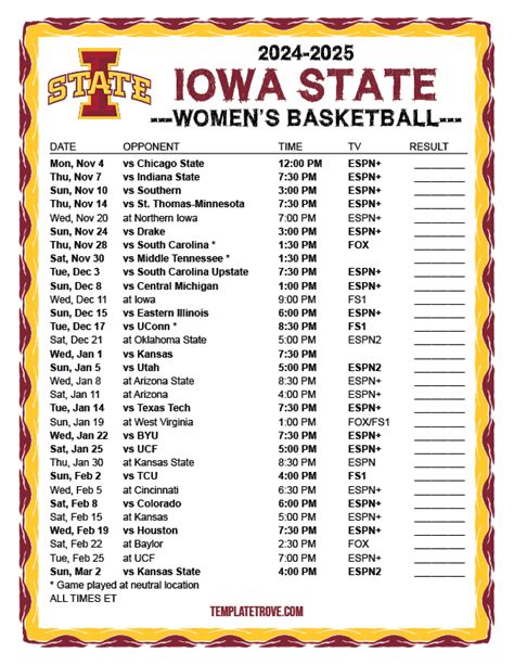 Free Printable Iowa State Womens Basketball Schedule