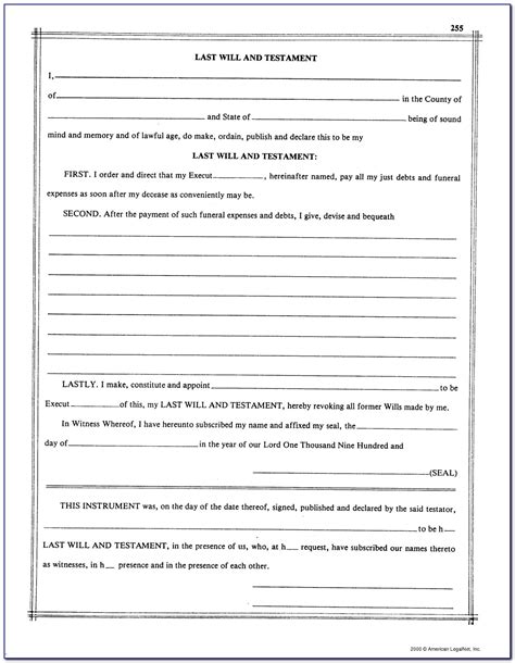 Free Printable Last Will And Testament Blank Forms