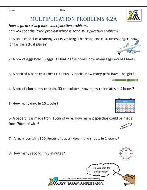 Free Printable Multiplication Word Problems For 4th Grade