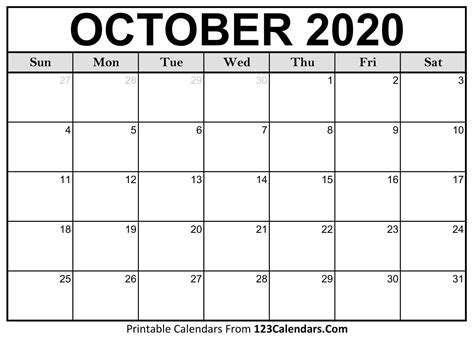 Free Printable October Calender